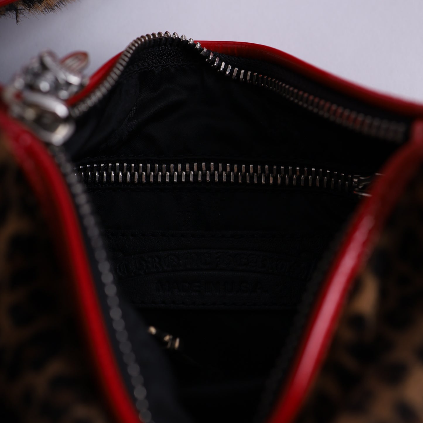 LEAPOARD CHICKEN NUGGET BAG WITH RED PATENT LEATHER CROSS PATCHES
