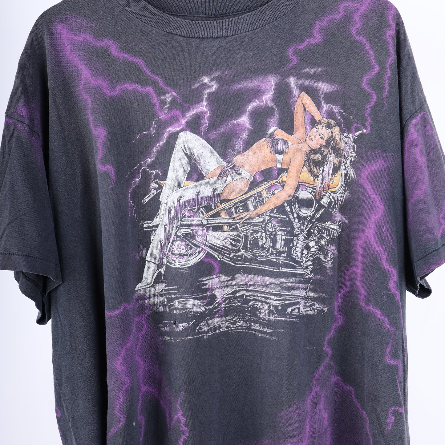 AMERICAN THUNDER PURPLE MOTORCYCLE GIRL FADED VINTAGE T-SHIRT