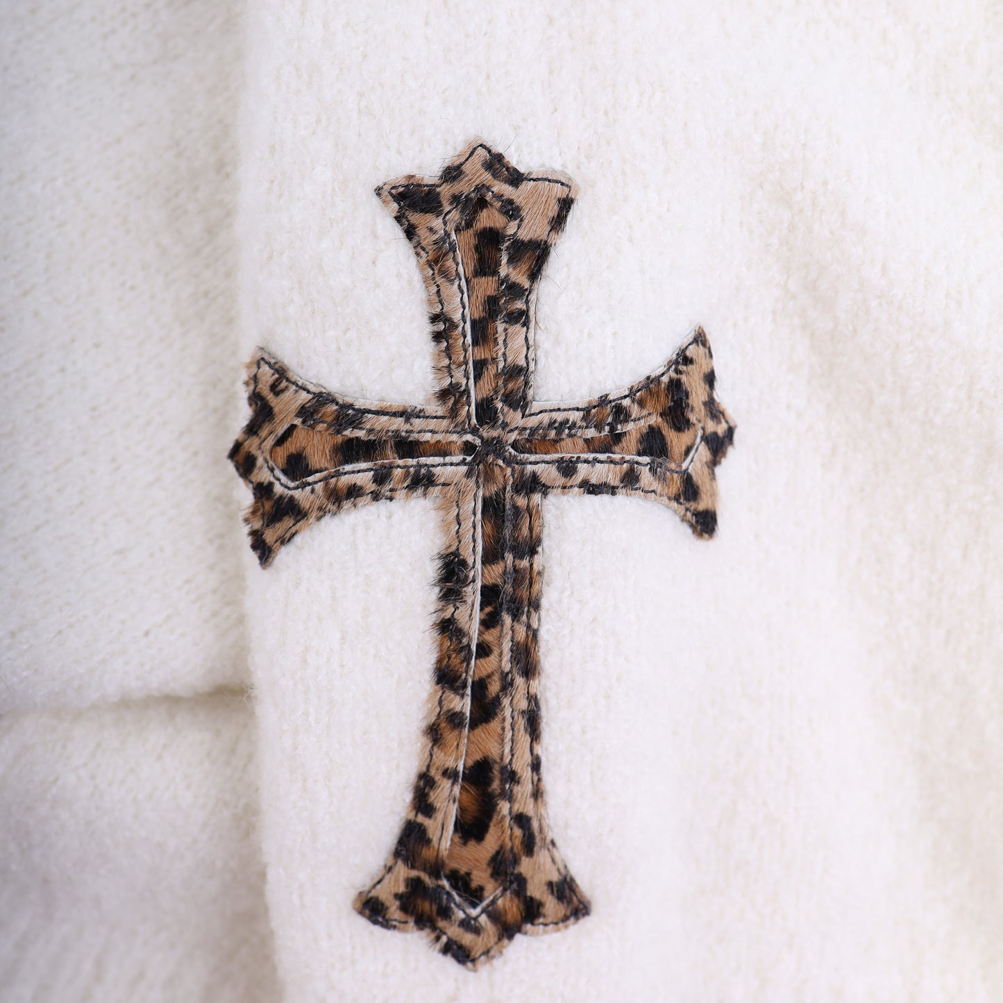 CHROME HEARTS WHITE CASHMERE SWEATER WITH LEAPOARD PATCHES