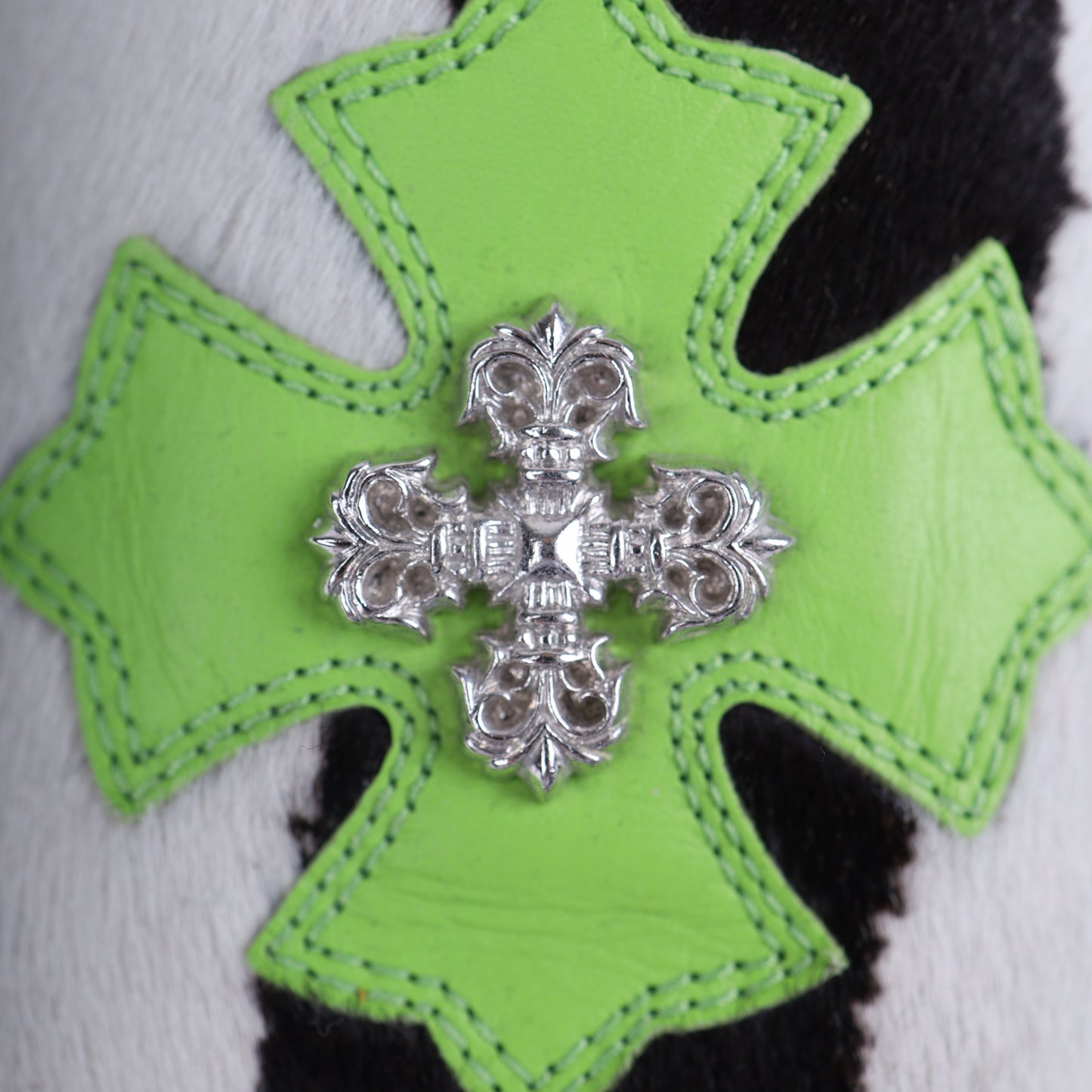 Zebra Filigree Neon Green Cross Slides