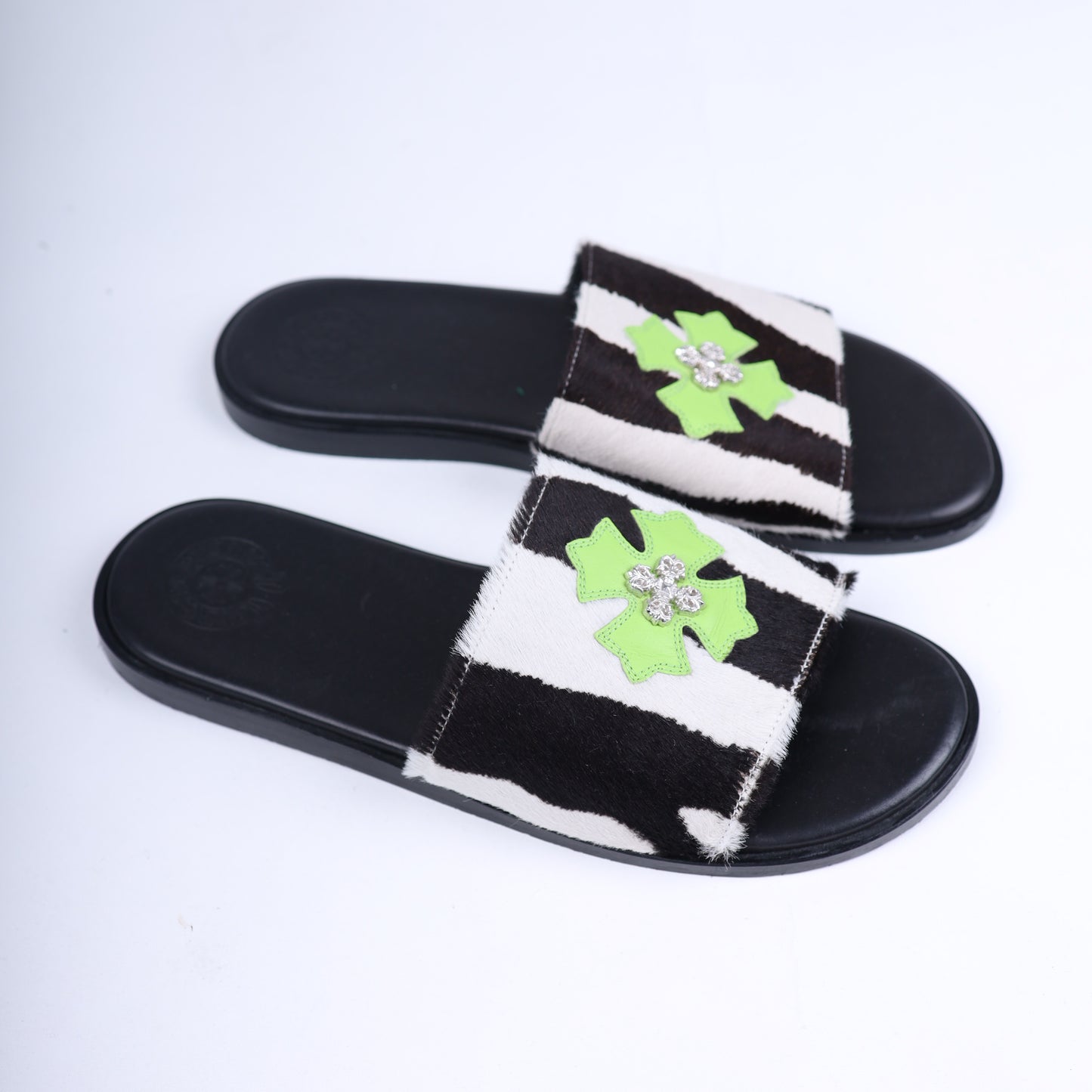 Zebra Filigree Neon Green Cross Slides