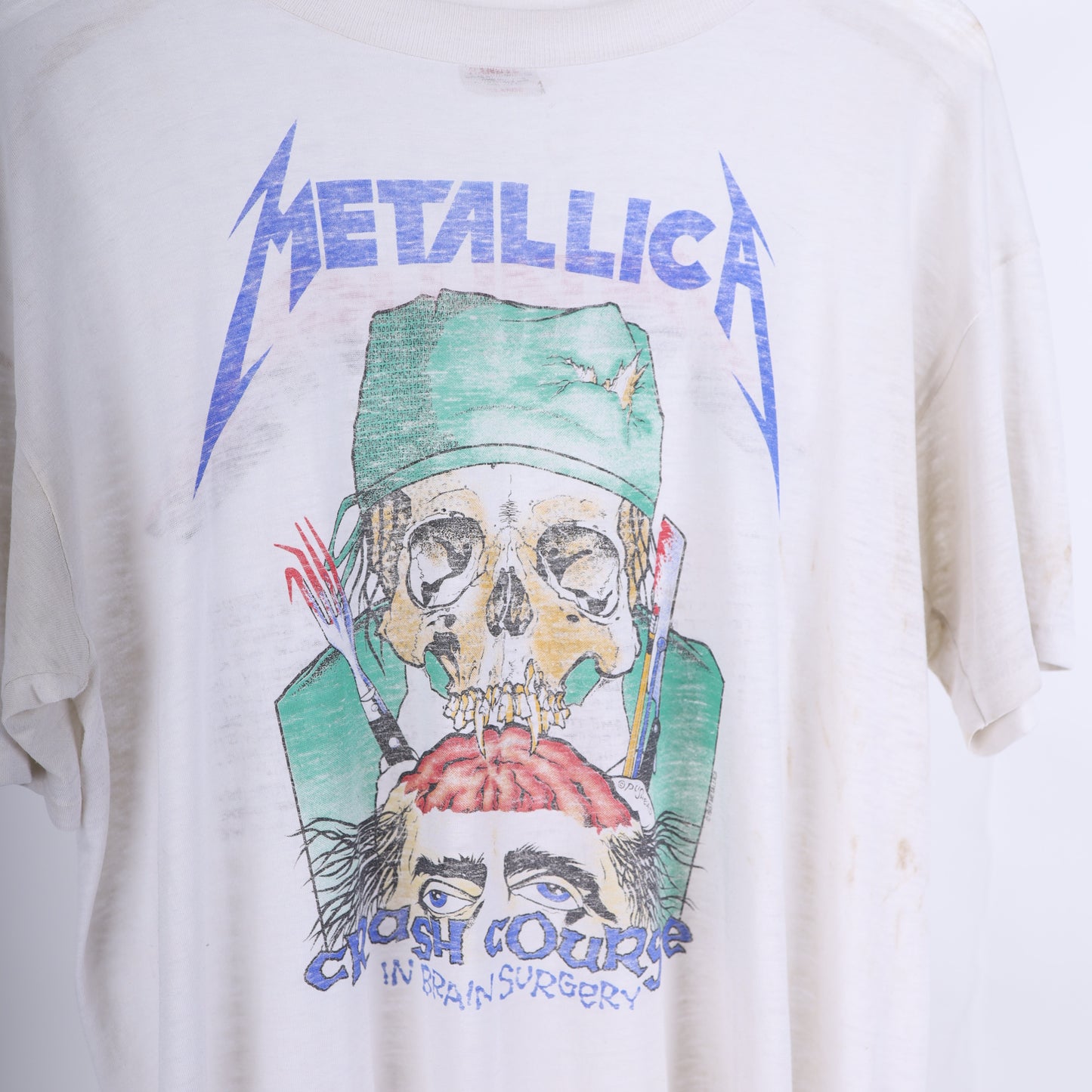 VINTAGE WHITE PAPER THIN METALLICA 1980S CRASH COURSE BRAIN SURGERY BAND T-SHIRT