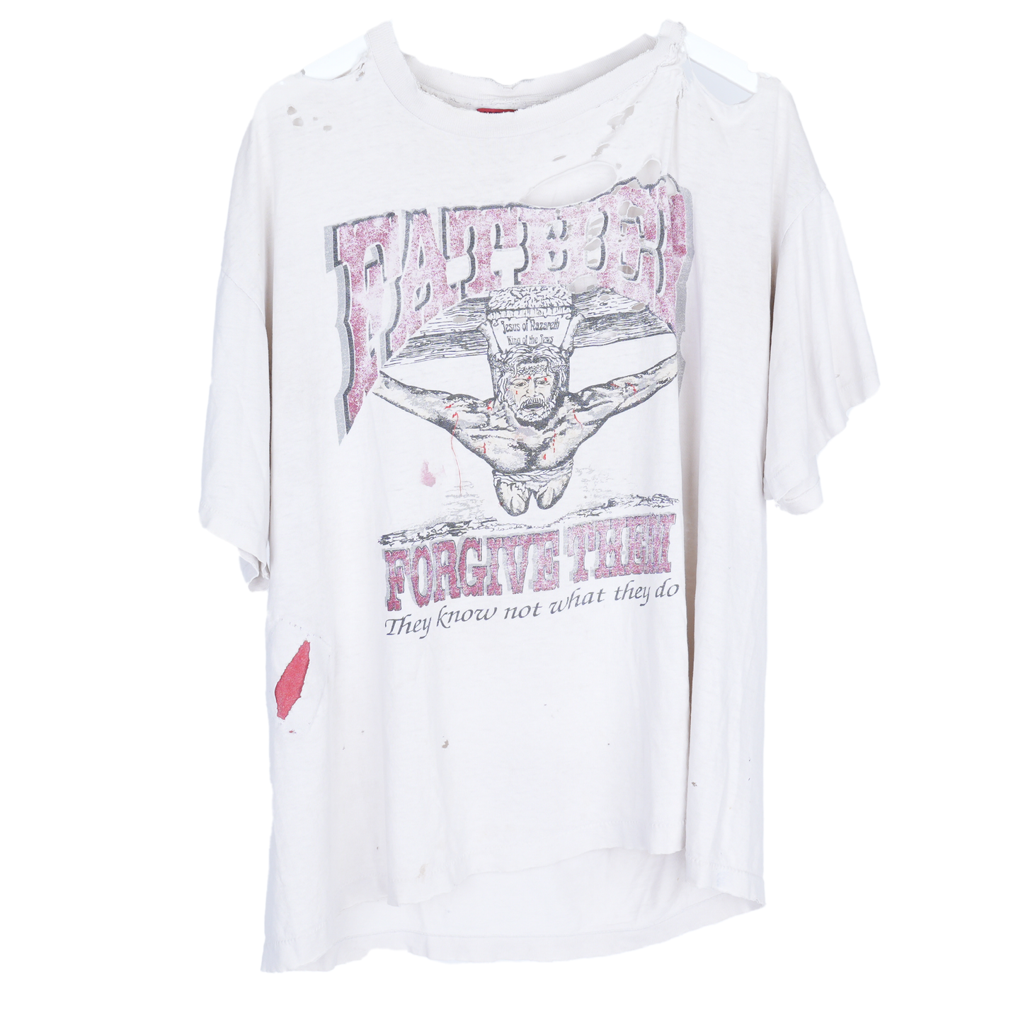 VINTAGE THRASHED JESUS FATHER FORGIVE THEM FADED WHITE T-SHIRT