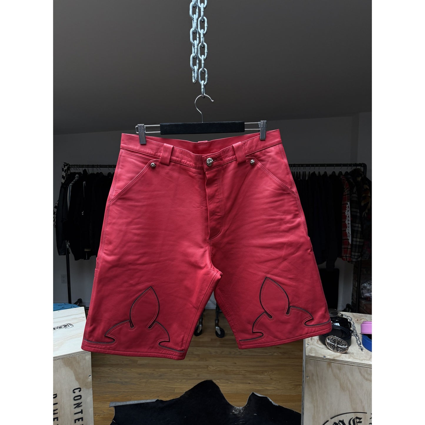 CHROME HEARTS RED LEATHER FLEUR SHORTS RARE