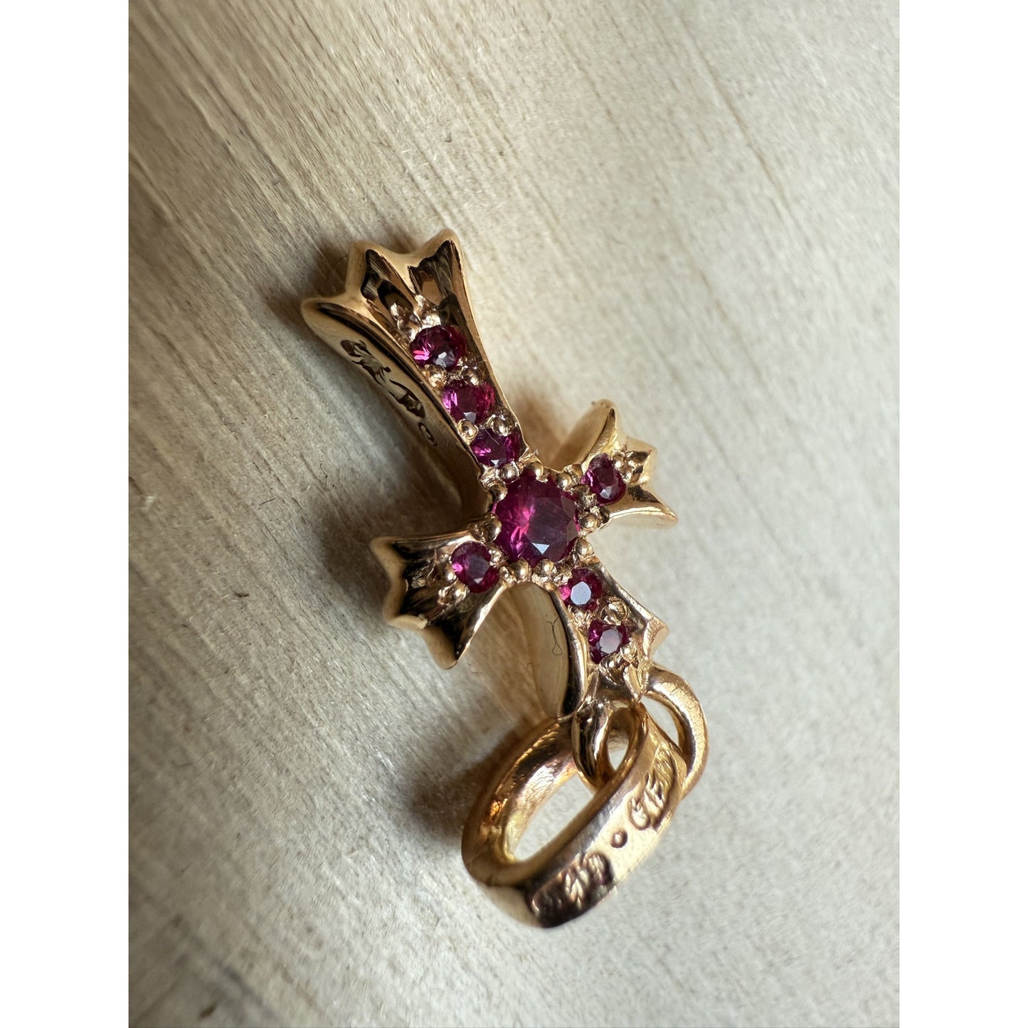 CHROME HEARTS 22K GOLD PAVE RUBY BABY PHAT CROSS PENDANT