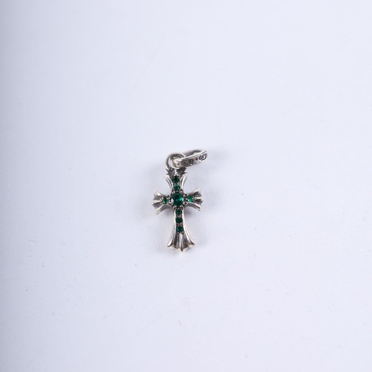CHROME HEARTS PAVE EMERALD BABY FAT CROSS CHARM PENDANT