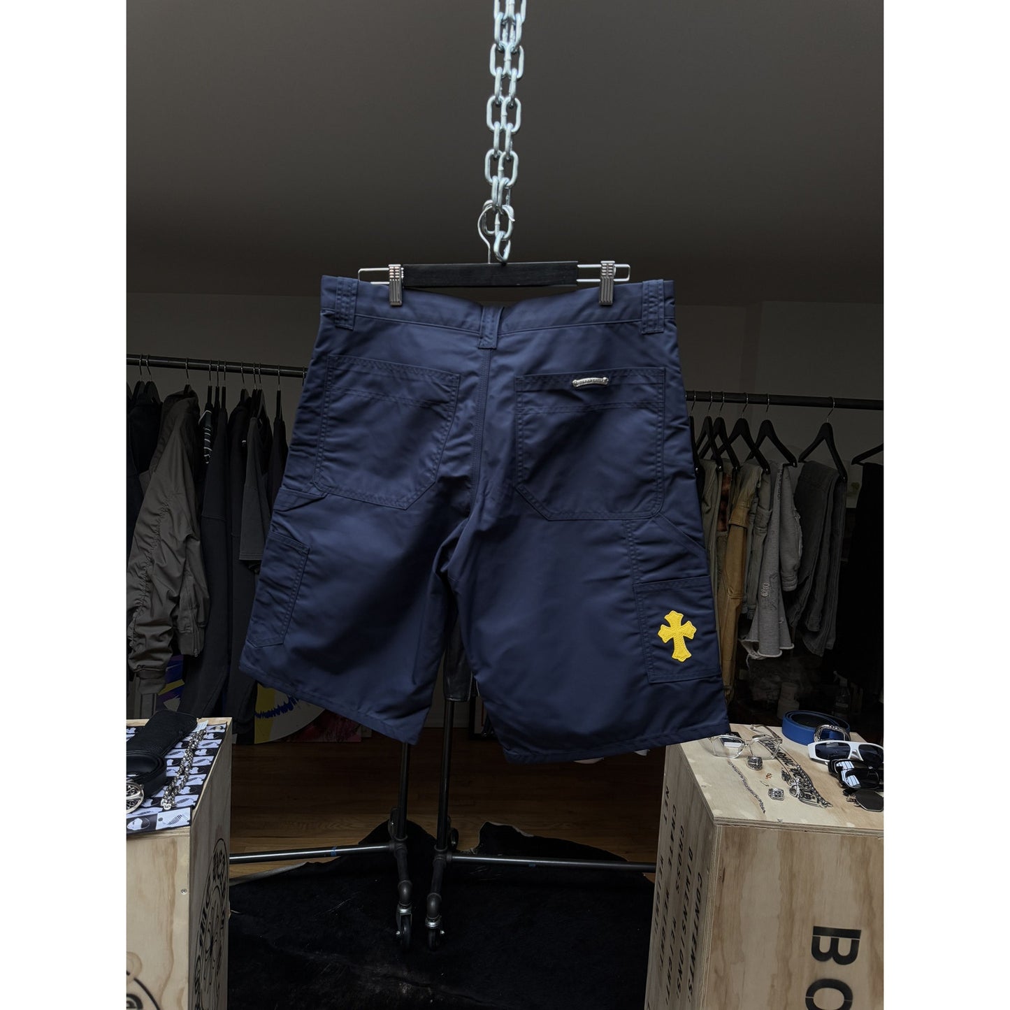 Chrome hearts Leather double knee shorts sz 34 yellow patch