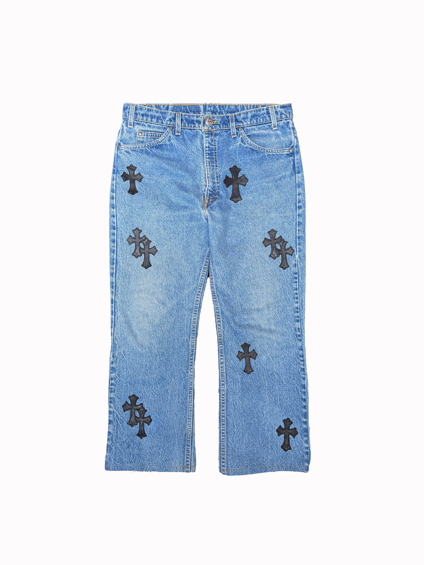 CHROME HEARTS LIGHT WASH LEVI'S CROSS PATCH DENIM SIZE 34 HEMMED