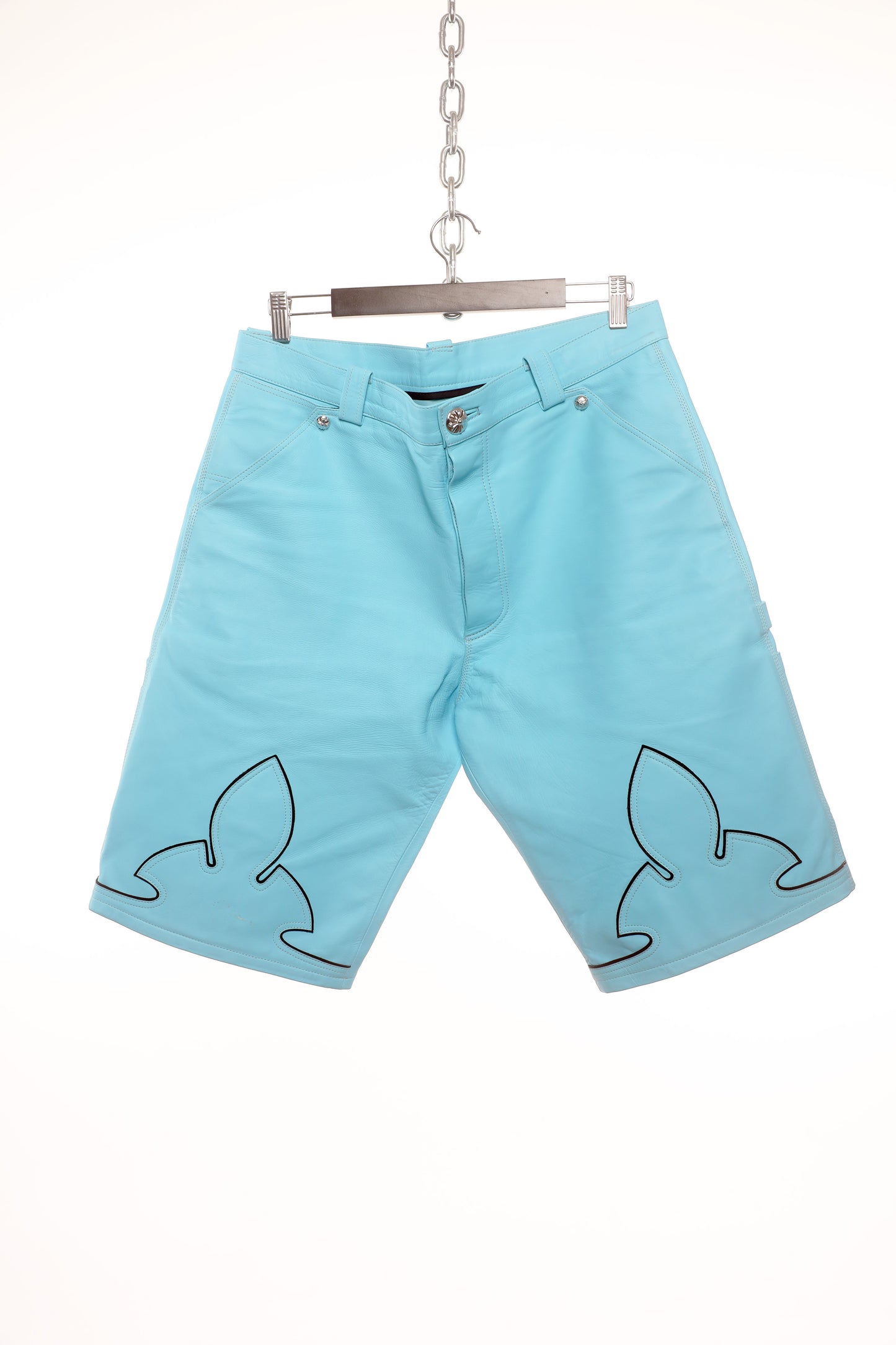 CHROME HEARTS BLUE FLEUR LEATHER SHORTS LAMB SHORTS ST BARTH