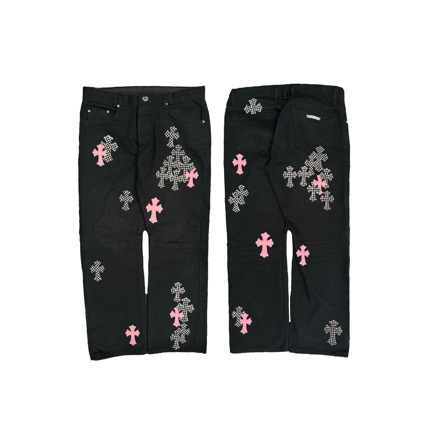 CHROME HEARTS PINK/CHECKERED FLEUR KNEE CROSS PATCH DENIM