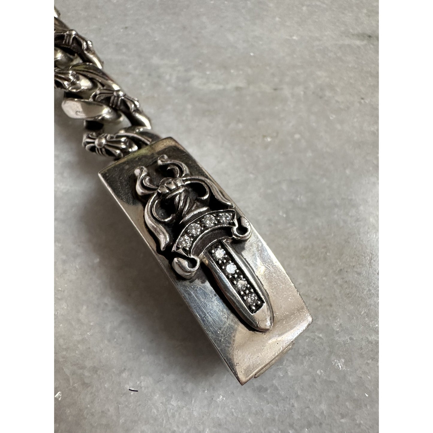 Chrome Hearts Silver Fancy Link Dagger Bracelet Pave Diamond