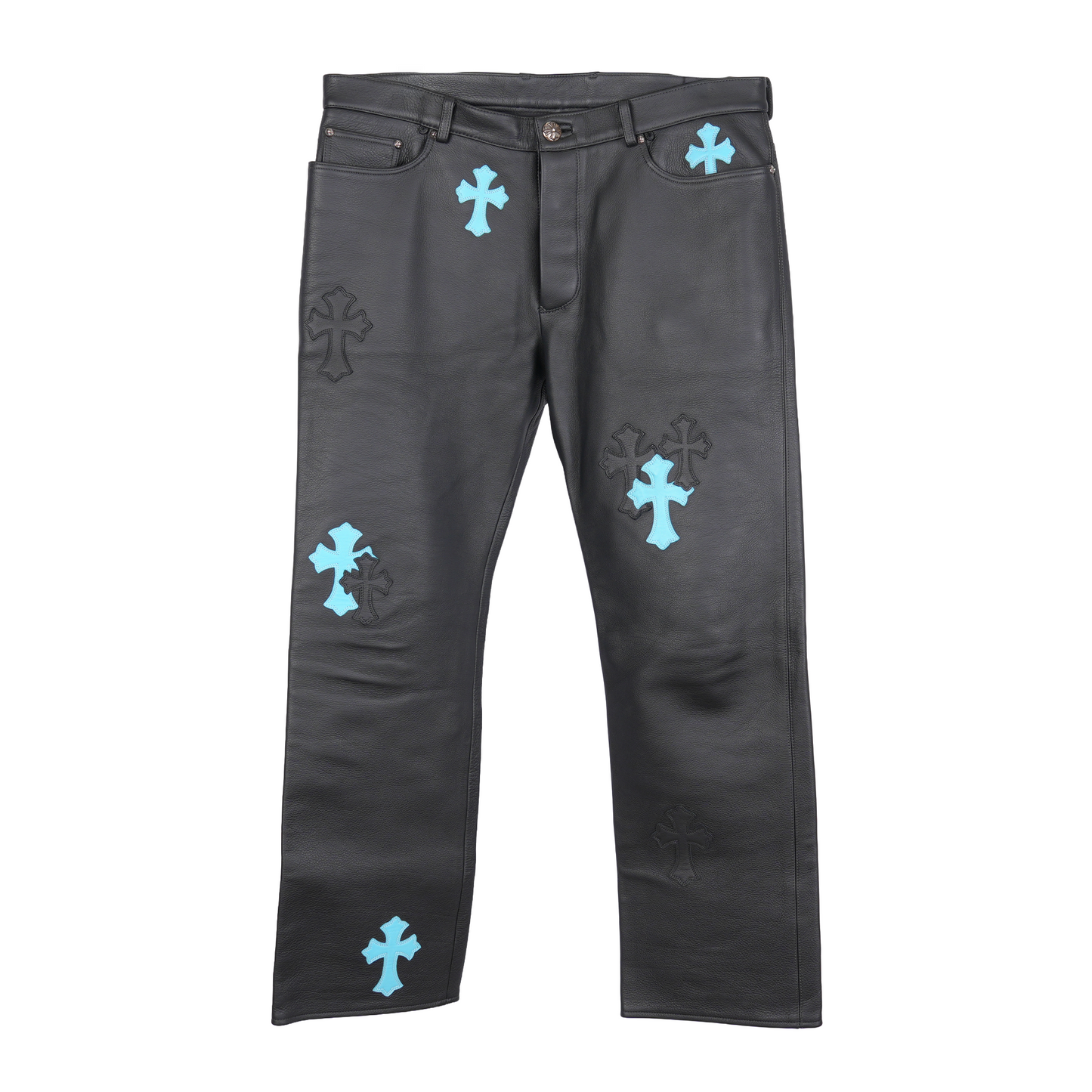 CHROME HEARTS BLUE & BLACK PATCH LEATHER PANTS