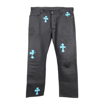 CHROME HEARTS BLUE & BLACK PATCH LEATHER PANTS