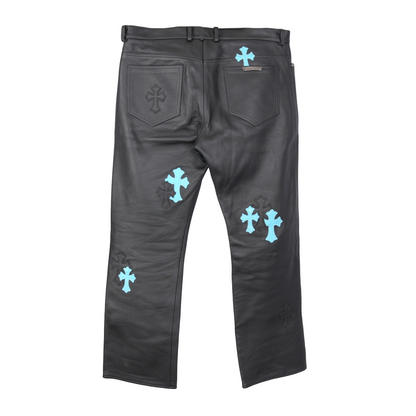 CHROME HEARTS BLUE & BLACK PATCH LEATHER PANTS