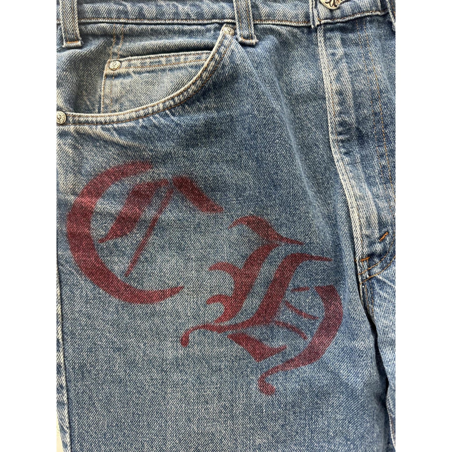 CHROME HEARTS VVIP BLUE CROSS PATCH STENCIL DENIM ORANGE TAB 33