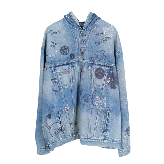 BALENCIAGA DENIM SCRIBBLE RHINESTONE HOODED JACKET
