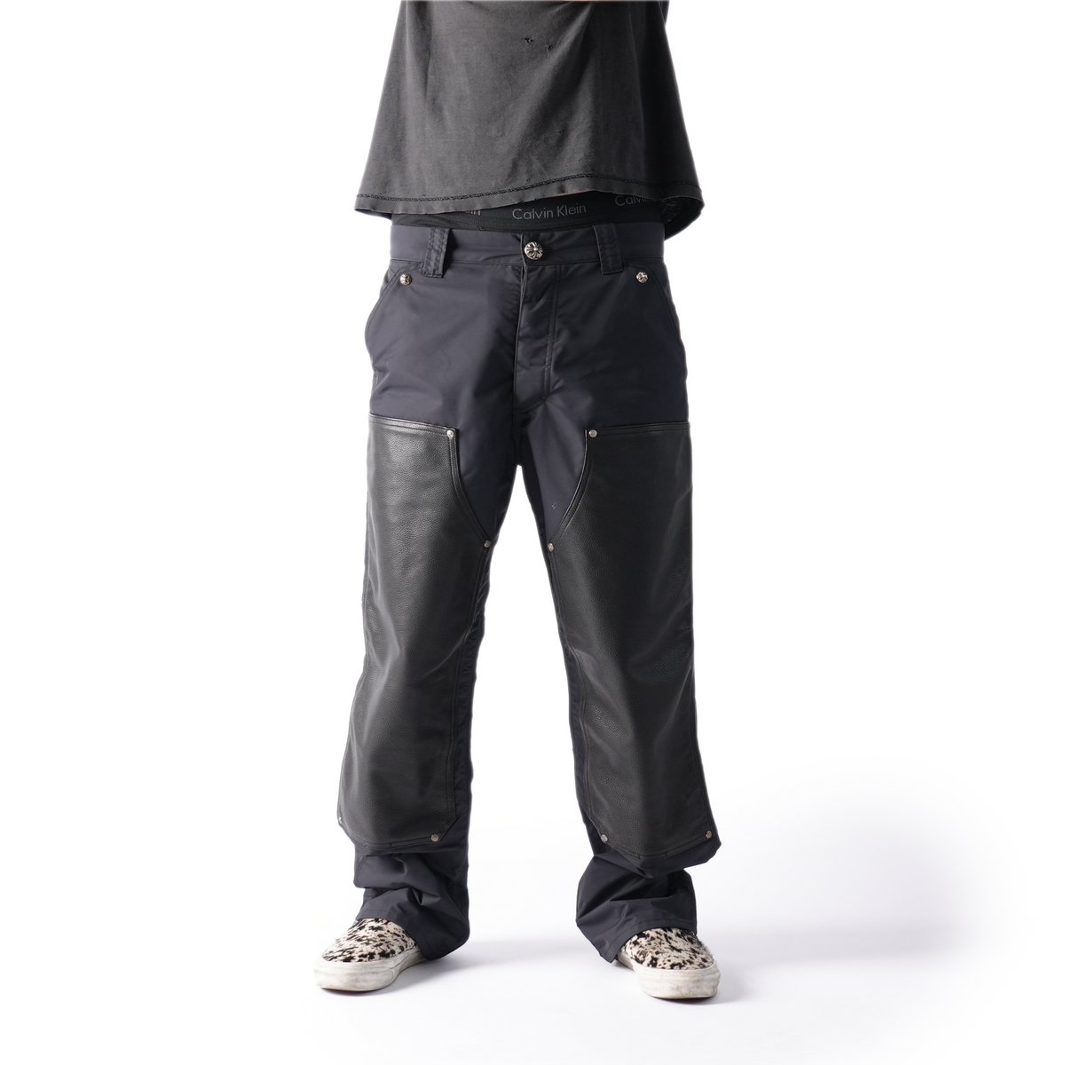 CHROME HEARTS BLACK NYLON LEATHER CARPENTER PANTS