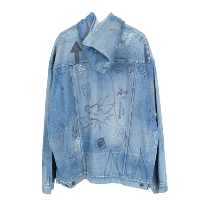 BALENCIAGA DENIM SCRIBBLE RHINESTONE HOODED JACKET