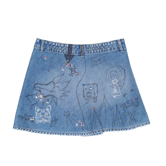 BALENCIAGA DENIM SCRIBBLE RHINESTONE SKIRT
