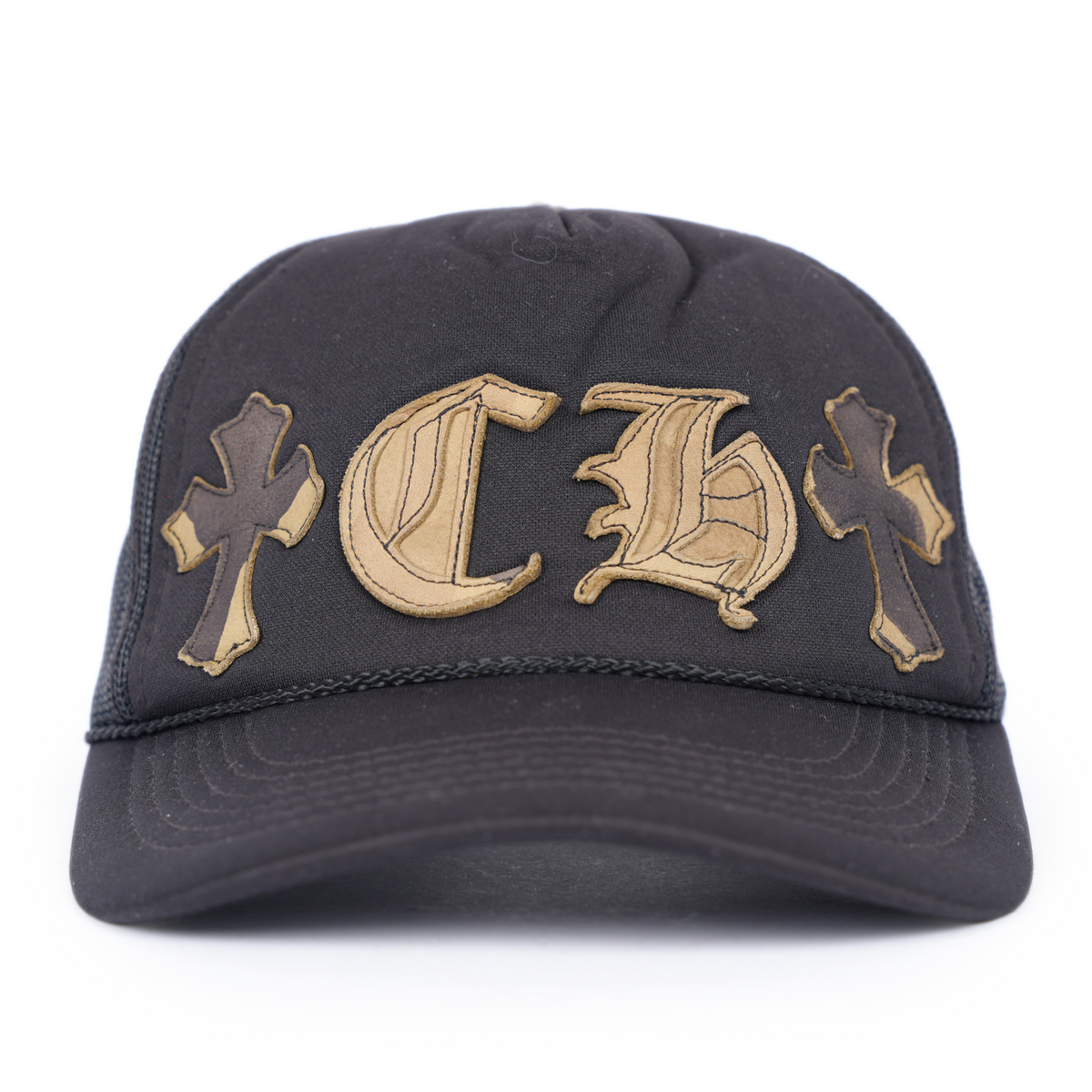 CHROME HEARTS VINTAGE CROSS CH PATCH CAMO TRUCKER HAT
