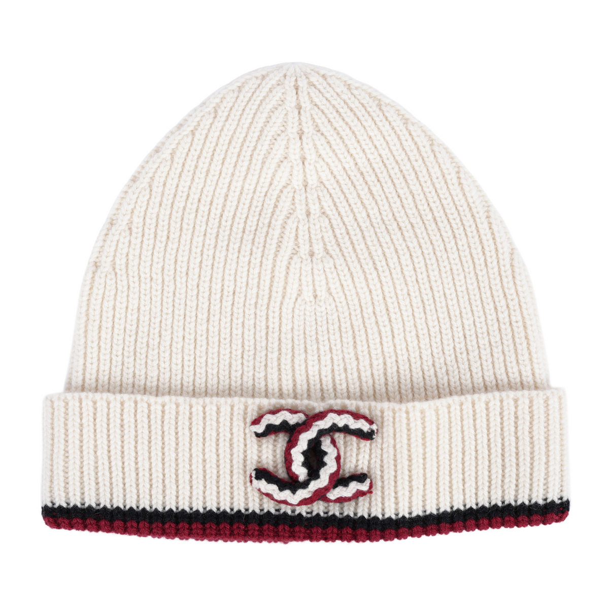 CHANEL RED KNITTED LOGO WHITE BEANIE
