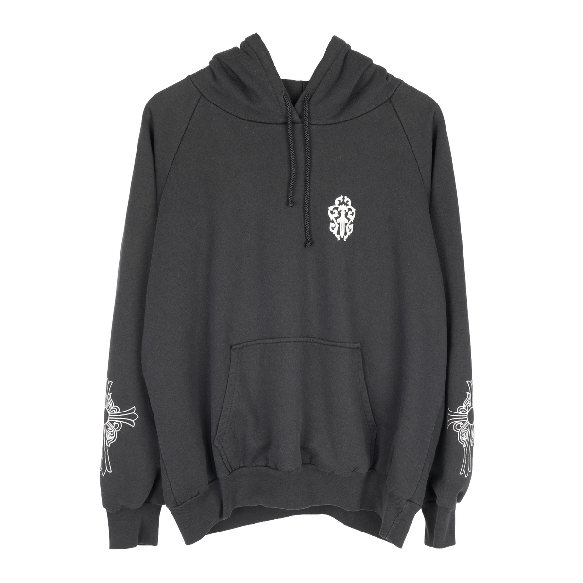 CHROME HEARTS VINTAGE LEATHER HORSESHOE PATCH FLORAL CROSS HOODIE