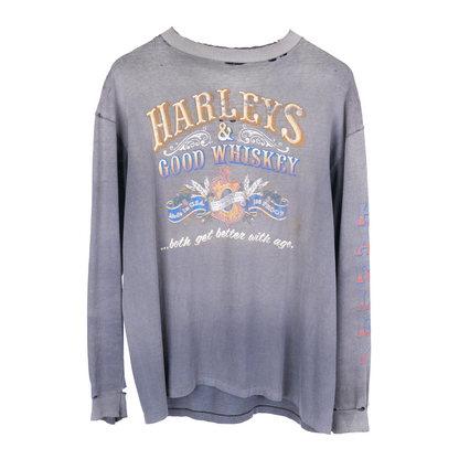 1980S HARLEYS AND GOOD WHISKEY THRASHED FADED LONG SLEEVE T-SHIRT