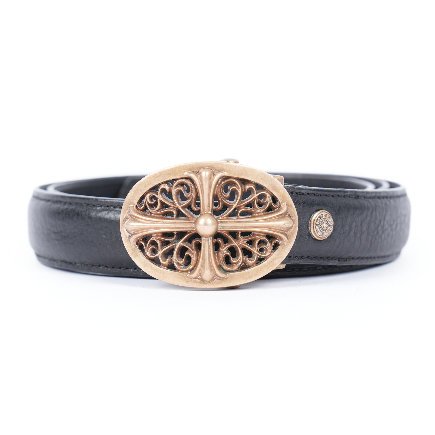 CHROME HEARTS BRONZE 1 INCH OVAL BUCKLE W BLACK STRAP