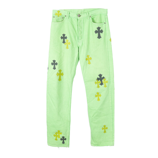 CHROME HEARTS GREEN SEX RECORDS CROSS PATCH JEANS
