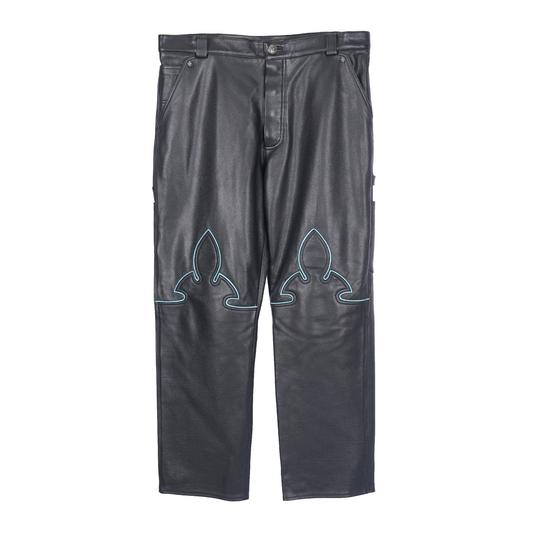 CHROME HEARTS ST BARTHS  BLACK LEATHER FLUER KNEE PANTS