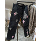 CHROME HEARTS PINK/CHECKERED FLEUR KNEE CROSS PATCH DENIM