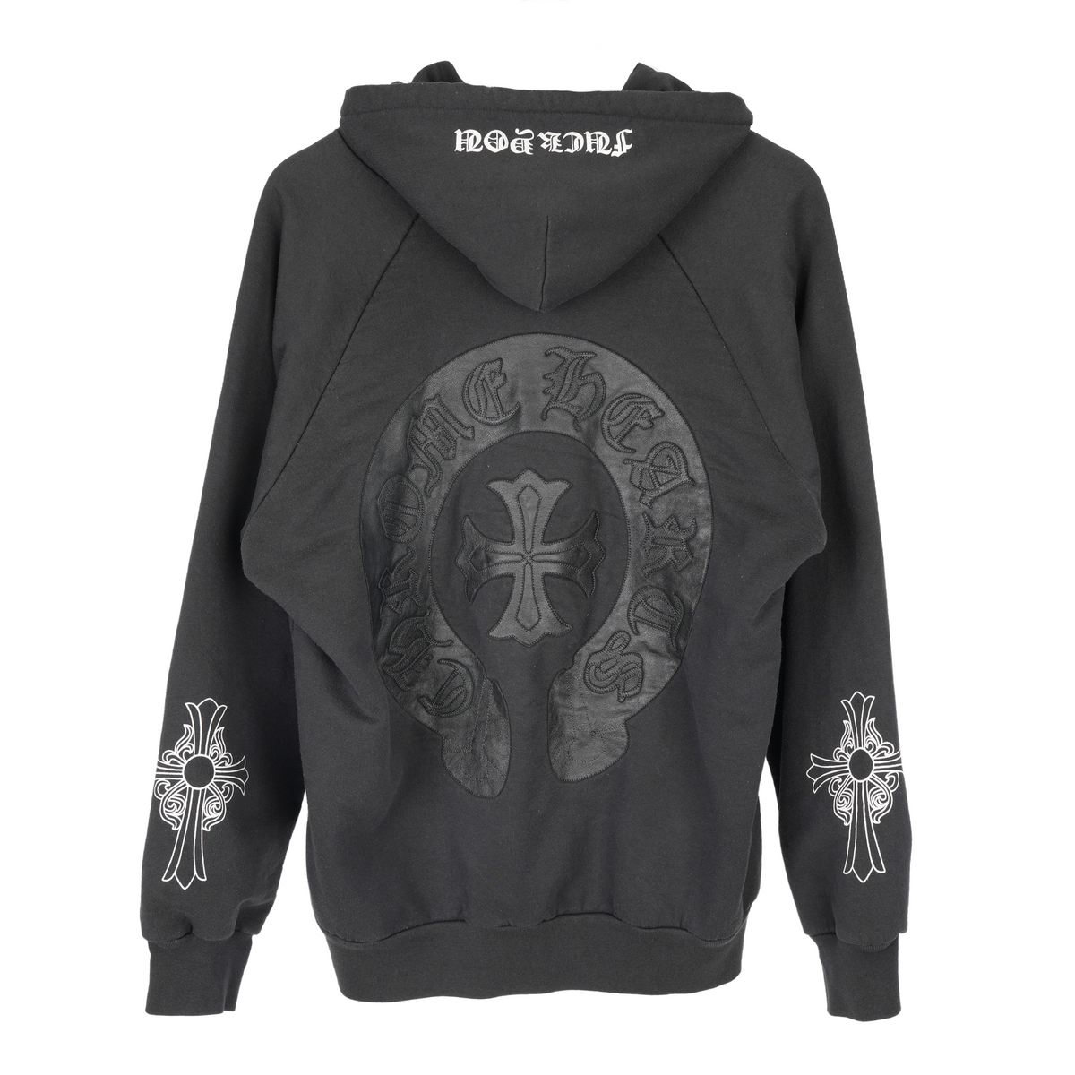 CHROME HEARTS VINTAGE LEATHER HORSESHOE PATCH FLORAL CROSS HOODIE