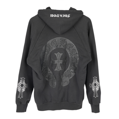 CHROME HEARTS VINTAGE LEATHER HORSESHOE PATCH FLORAL CROSS HOODIE