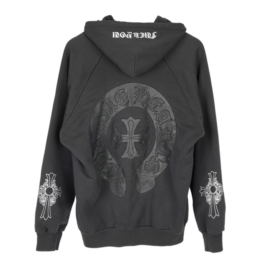 CHROME HEARTS VINTAGE LEATHER HORSESHOE PATCH FLORAL CROSS HOODIE