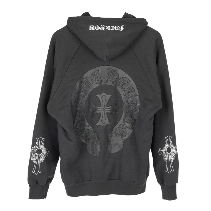 CHROME HEARTS VINTAGE LEATHER HORSESHOE PATCH FLORAL CROSS HOODIE