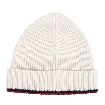 CHANEL RED KNITTED LOGO WHITE BEANIE