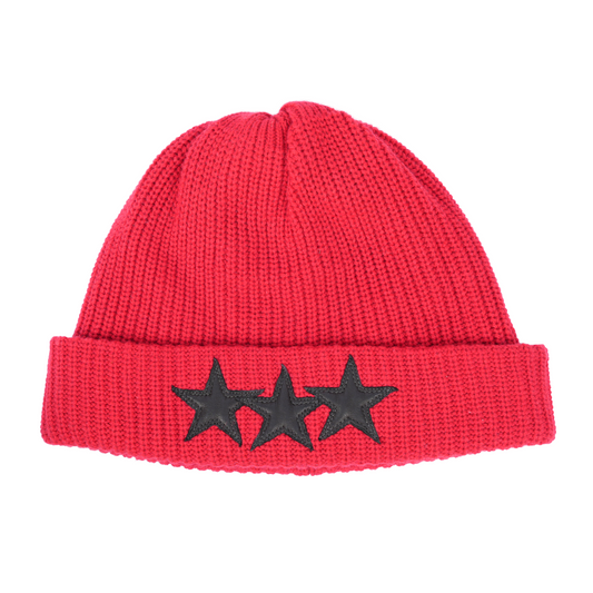 CHROME HEARTS RED TRIPLE BLACK STAR LEATHER PATCH BEANIE