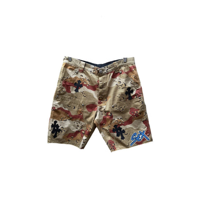 CHROME HEARTS SEX RECORDS DESERT CAMO CROSS PATCH SHORTS