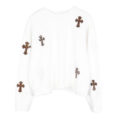 CHROME HEARTS WHITE & LEOPARD PATCH CREWNECK SWEATSHIRT