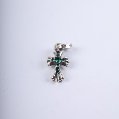 CHROME HEARTS PAVE EMERALD BABY FAT CROSS CHARM PENDANT