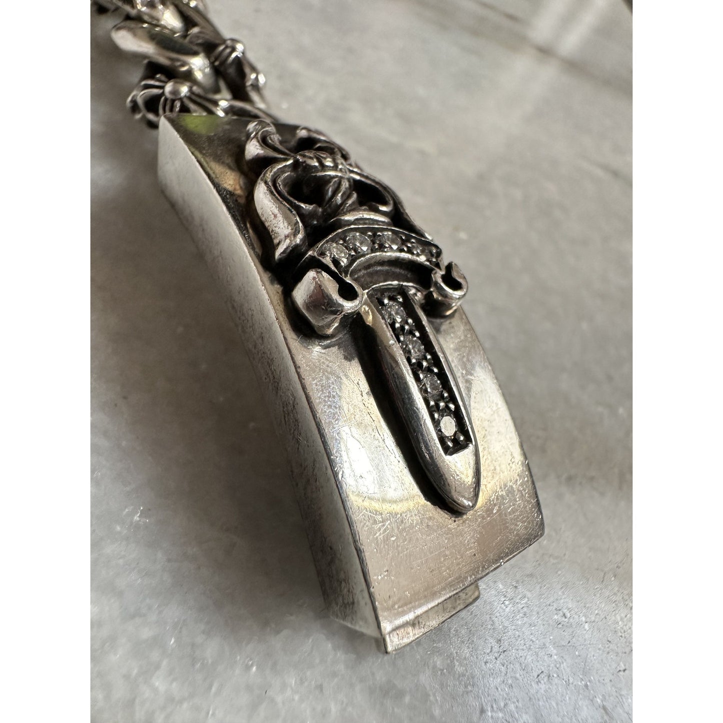 Chrome Hearts Silver Fancy Link Dagger Bracelet Pave Diamond