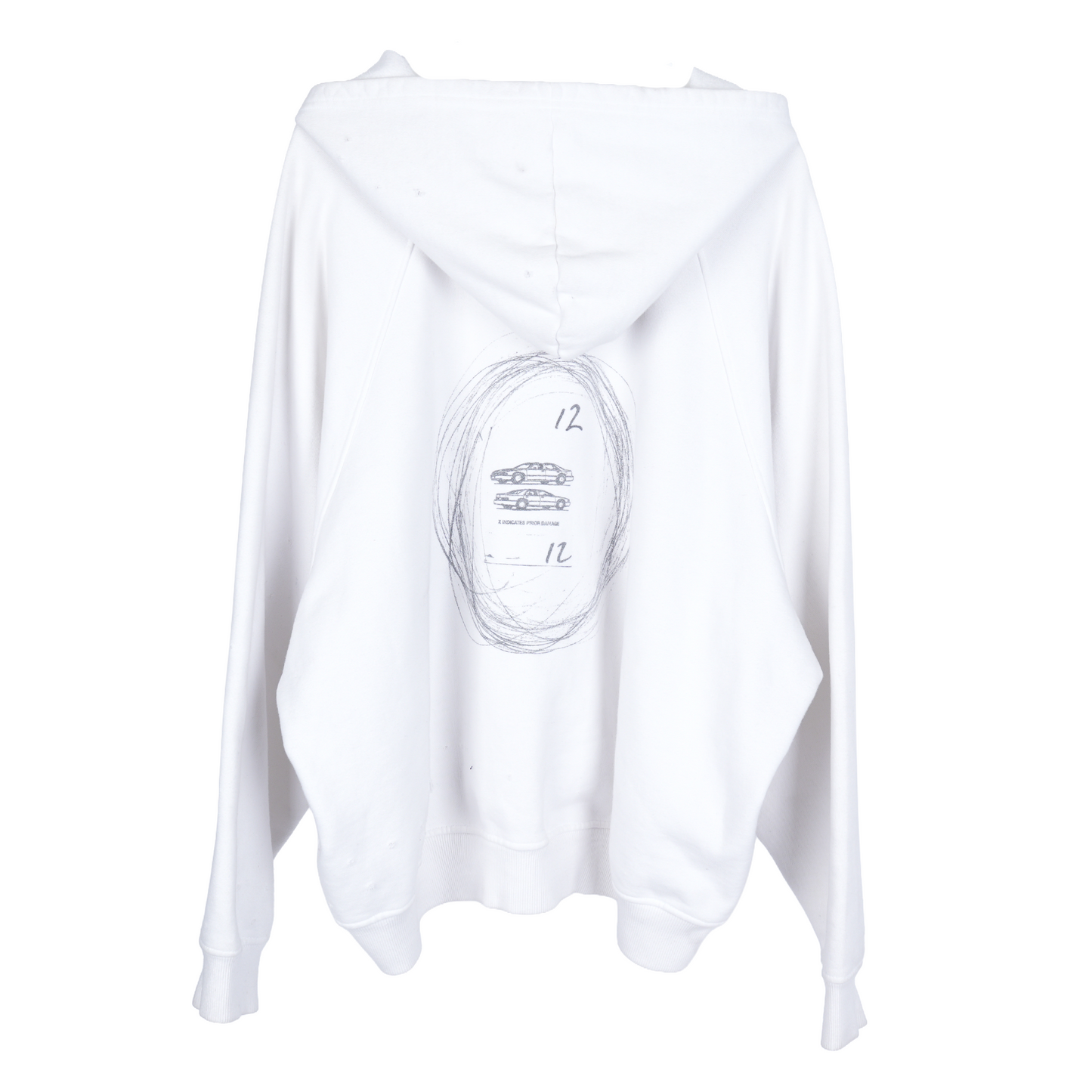 ERD X INDICATES PRIOR DAMAGE WHITE HOODIE