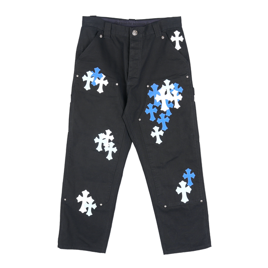 CHROME HEARTS 1/1 BLUE AND WHITE PATCH BLACK CARPENTERS PANTS