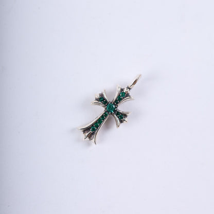 CHROME HEARTS EMERALD TINY CROSS CHARM SILVER