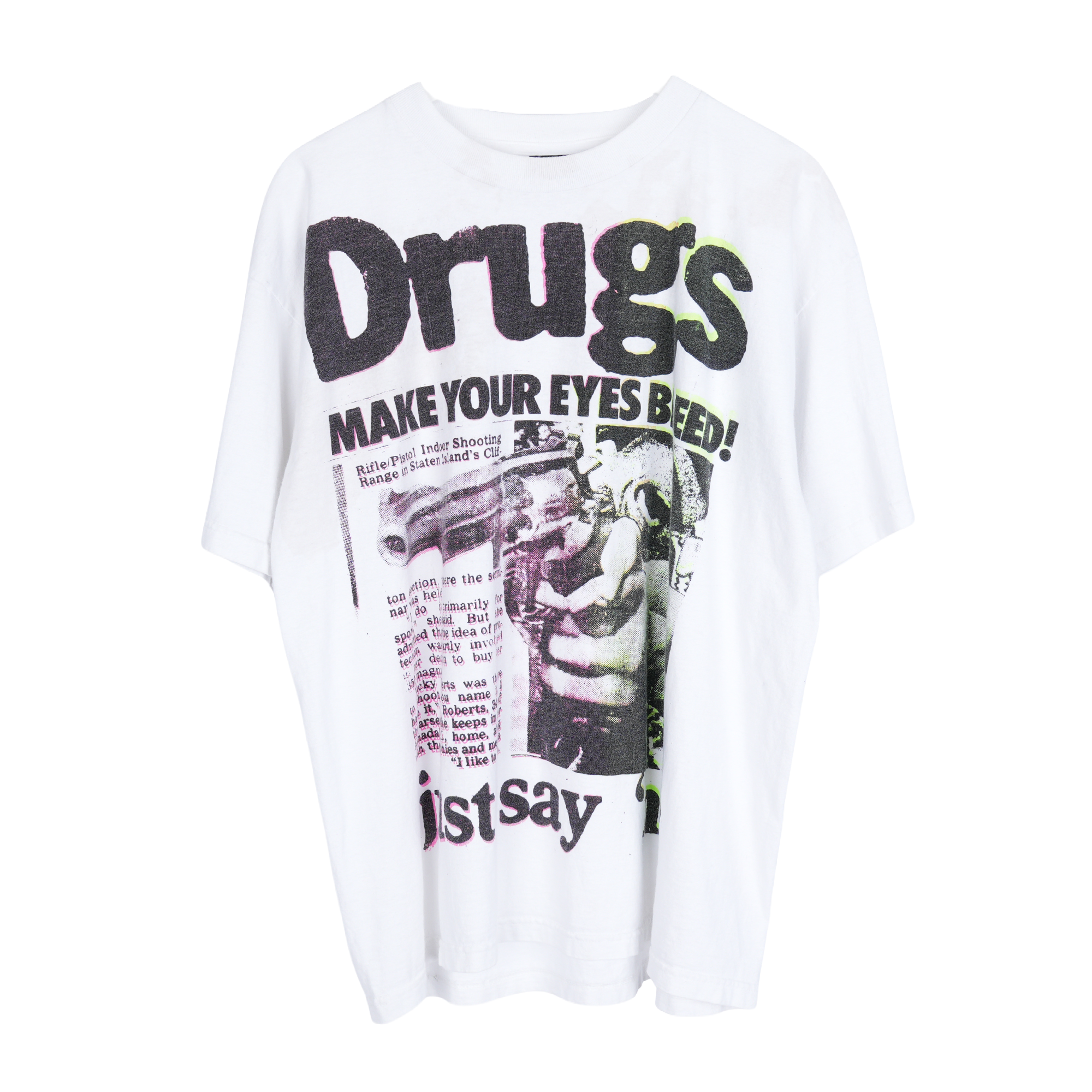 VINTAGE DRUGS MAKE YOUR EYES BLEED NEON WHITE T-SHIRT – Starchive