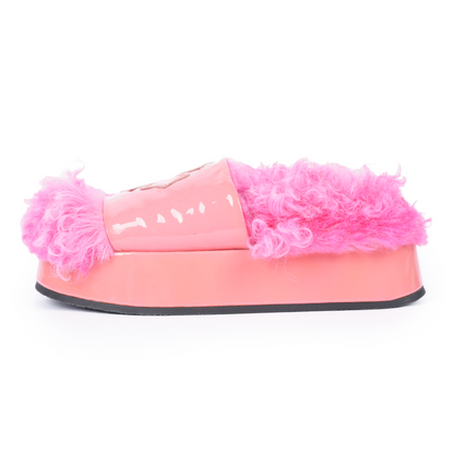 CHROME HEARTS PINK PATENT LEATHER FURRY SLIDES