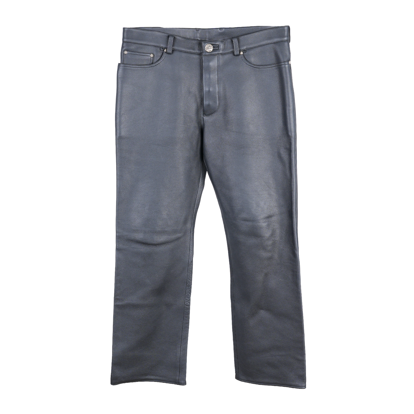 CHROME HEARTS HEAVY BLACK LEATHER FLEUR KNEE PANTS