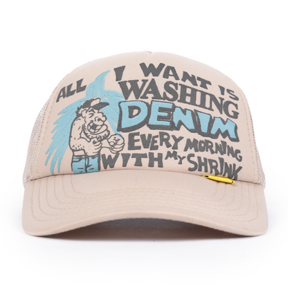 KAPITAL 'ALL I WANT IS WASHING DENIM' BEIGE TRUCKER HAT
