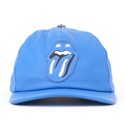CHROME HEARTS FULL LEATHER BLUE ROLLING STONES TONGUE TRUCKER HAT