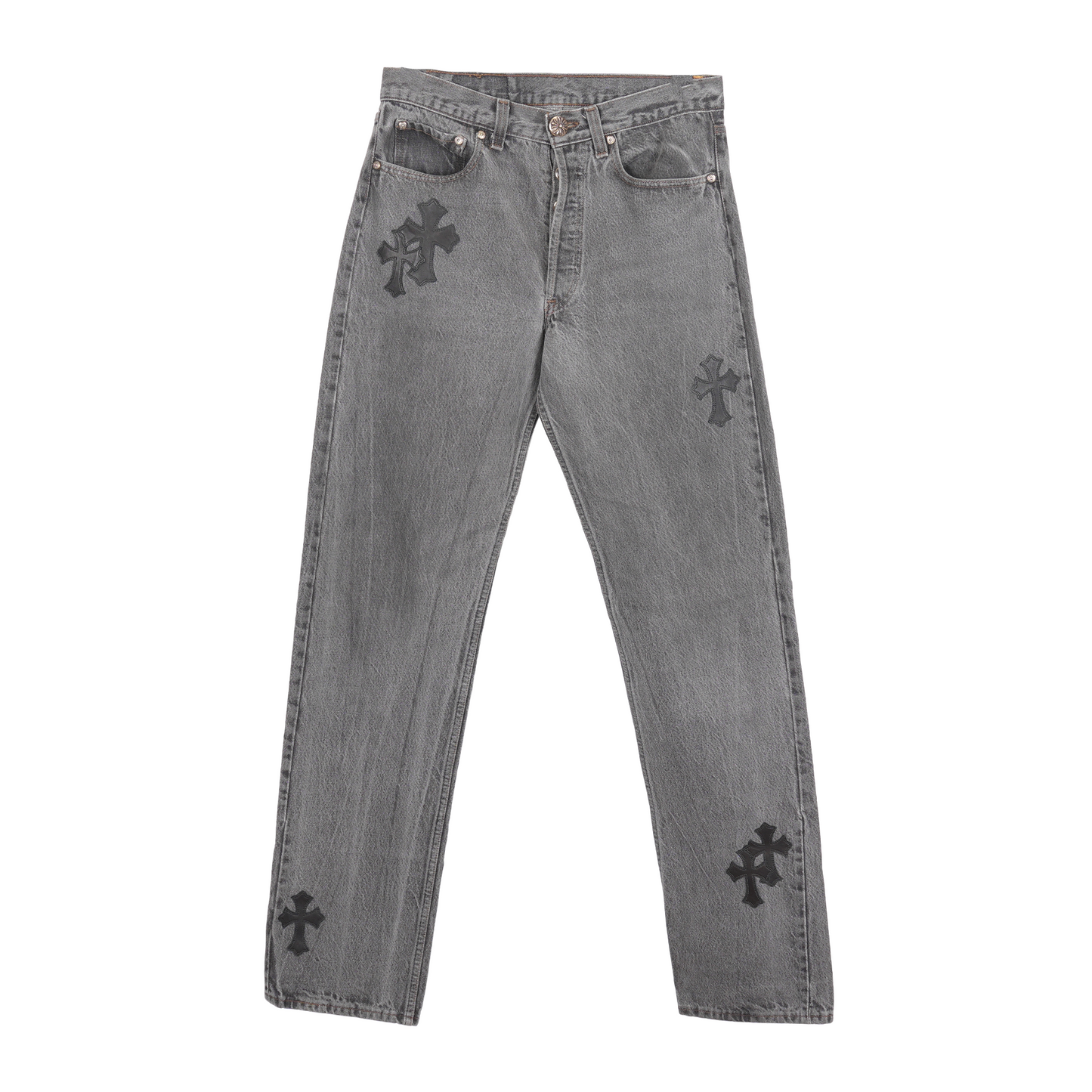 CHROME HEARTS BLACK CROSS PATCH 501 GREY LEVI'S DENIM